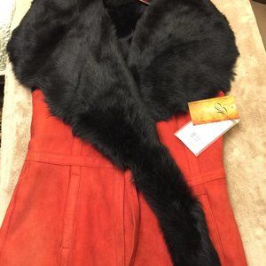 Genuine Shearling VEST with shawl collar red  M